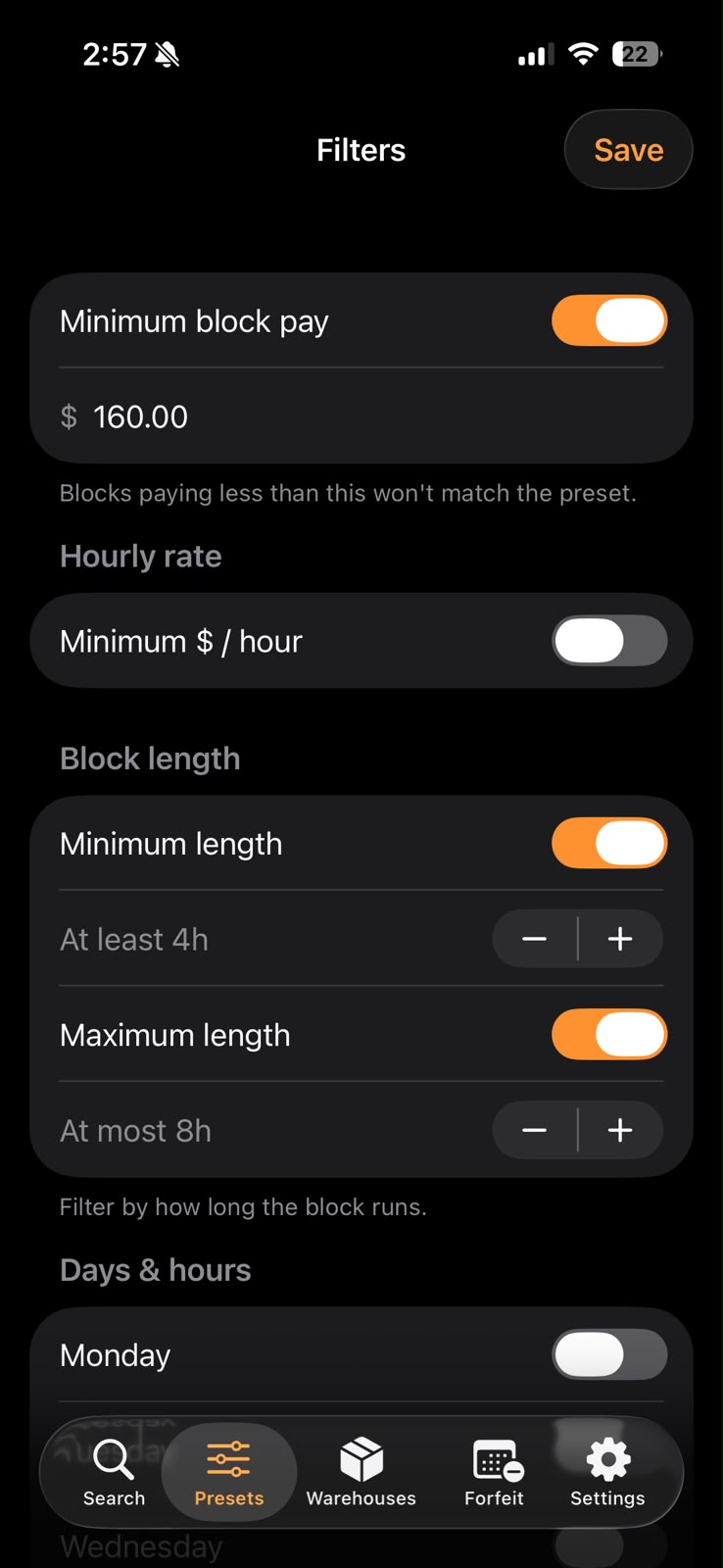 Flexra filters: minimum pay, hourly rate and block length