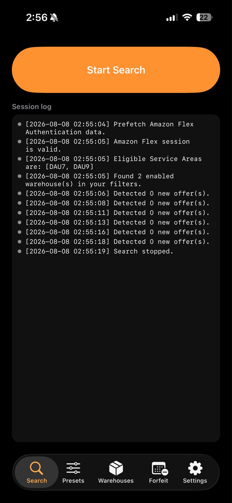 Flexra Search screen with the live session log