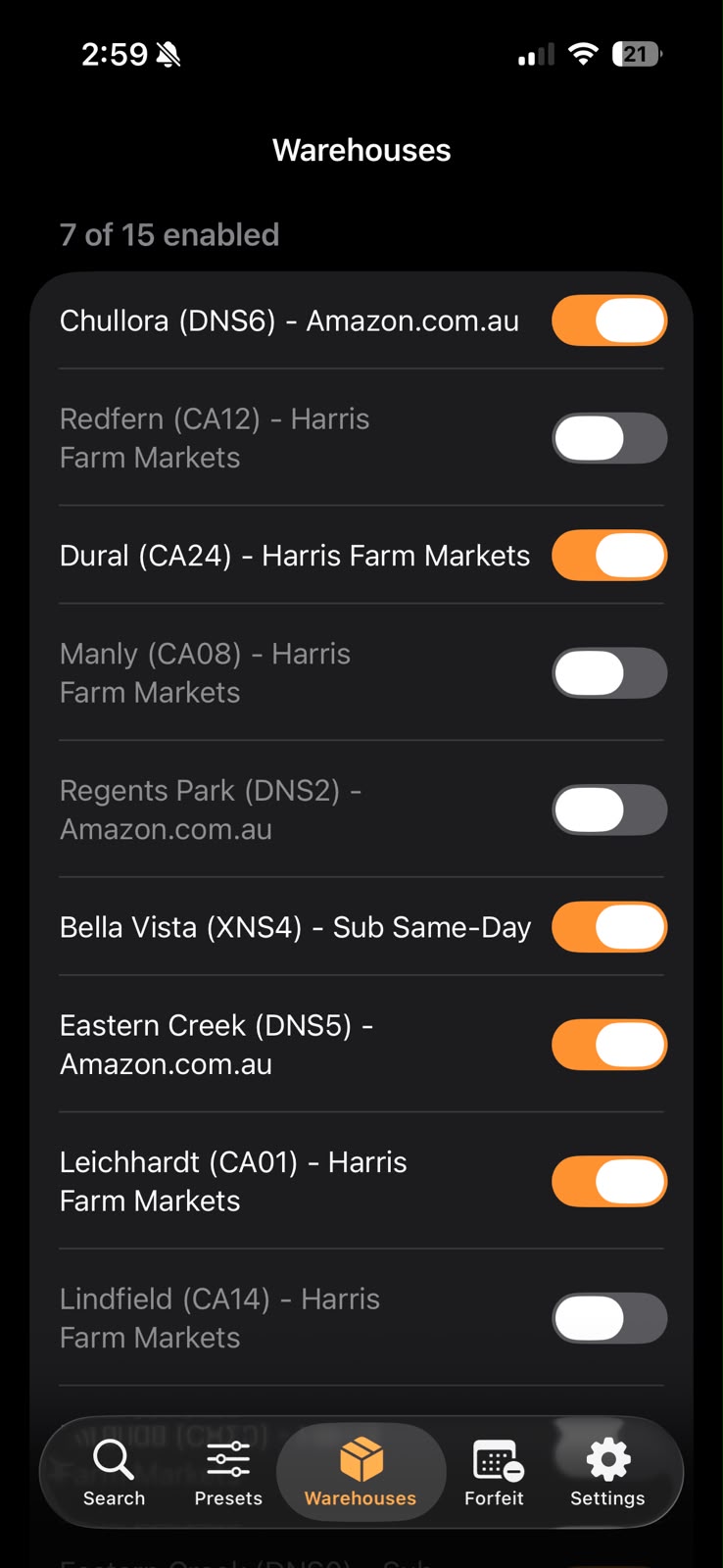 Flexra warehouse list with per-station toggles